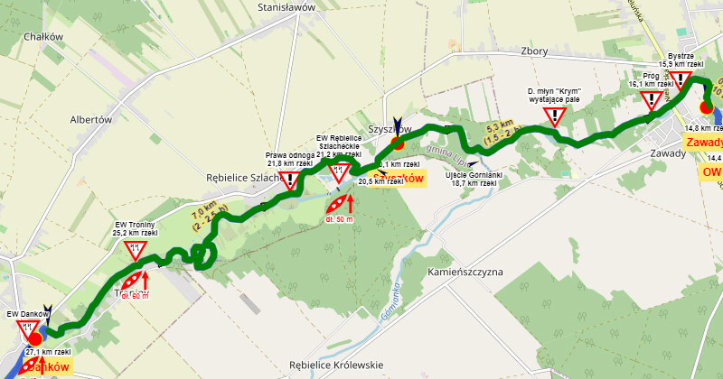 Spływ kajakowy Liswartą, Danków - Zawady - mapa trasy