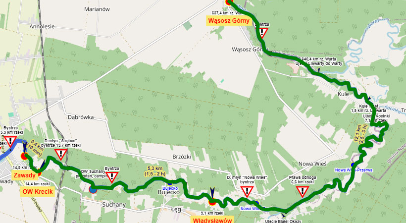 Spływ kajakowy Liswartą i Wartą, Zawady - Wąsocz Górny - mapa trasy